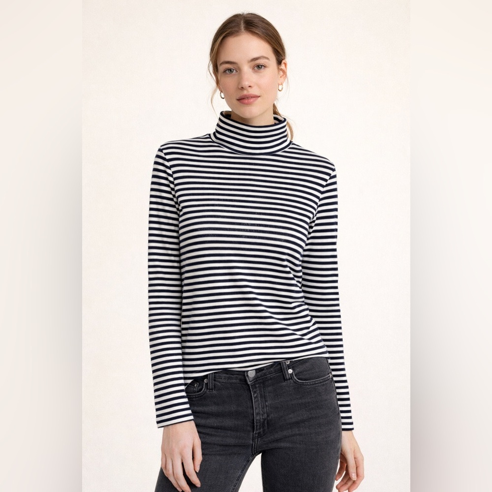 Marks & Spencer Striped Mock Neck Turtleneck Navy White Size US 10 Coastal Fall